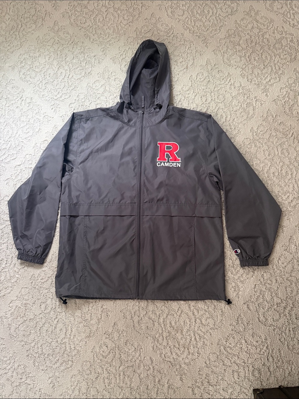 Rutgers Camden Champion Gray Hooded Windbreaker with Red 'R'